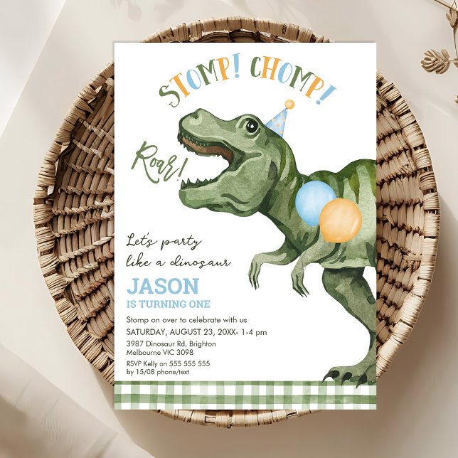 Invitation Garçons Green Stomp Chomp Roar Dinosaur 1er annive (Stomp Chomp Roar Party Like A Dinosaur Birthday Invitation Template, Dinosaur Themed 1st Birthday )