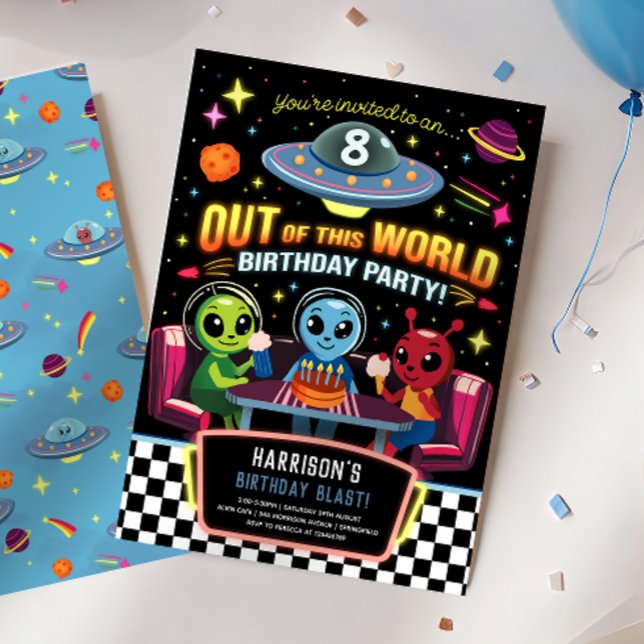 Invitation Garçons hors de ce monde Anniversaire néon espace (Créateur téléchargé)