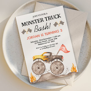 Invitation Garçons Jaune Monster Camion Bash Anniversaire