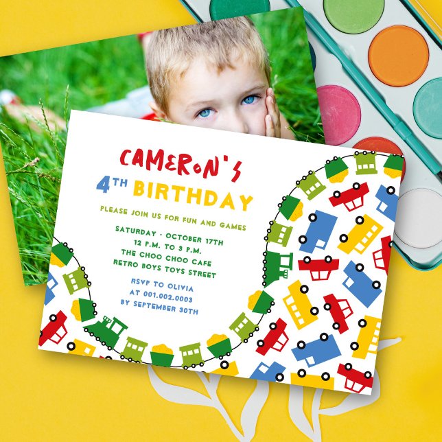 Invitation Garçons Jouets Amusement Transport Photo 4ème Anni (Boys Toys Colorful Fun Transport Photo Kid's 4th Birthday Party Invitation @ fatfatin_mini_me)