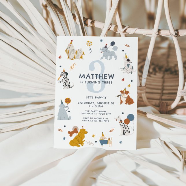 Invitation Garçons mignon chien Pawty 3e anniversaire (Boys Cute Dog 3rd Birthday Invite)