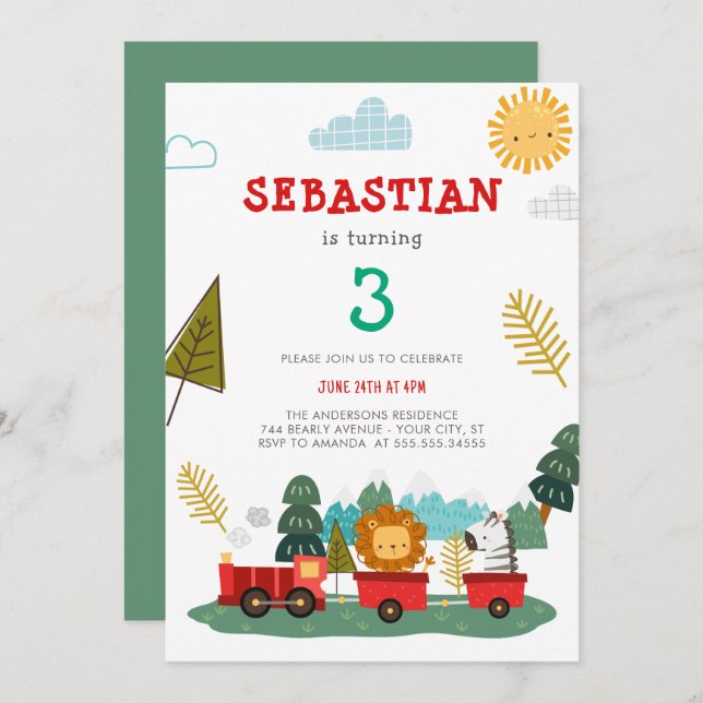 Invitation Garçons mignons Animaux modernes Train Voyage Anni (Devant / Derrière)