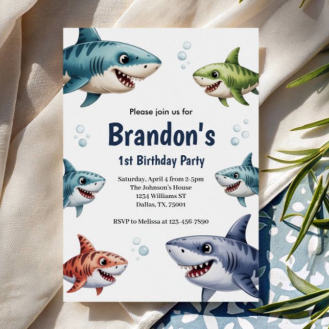 Invitation Garçons Mignons Aquarelle Requin Fête d'anniversai (Créateur téléchargé)
