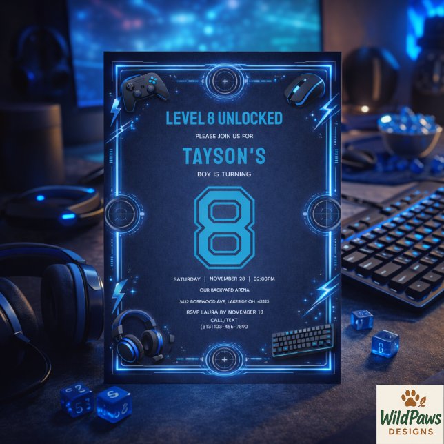 Invitation Garçons Moderne Cool Bleu Jeux 8ème Anniversaire (Boys Modern Cool Blue Gaming 8th Birthday Party Invitation
)