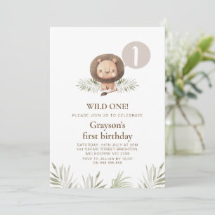 Invitation Garçons modernes Wild One Lion Foliage 1er anniver