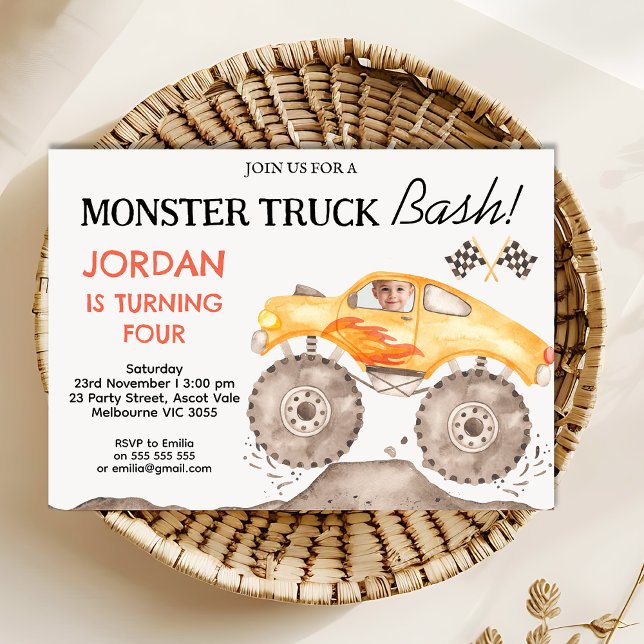 Invitation Garçons Monster Jaune Camion Monster Bash Annivers (Monster Truck Birthday Invitation Template, Yellow Monster Truck Bash Birthday Invite Any Age)