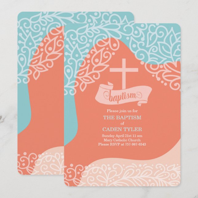 Invitation Garçons Orange et Bleu avec Cross Baptism Invitati (Devant / Derrière)