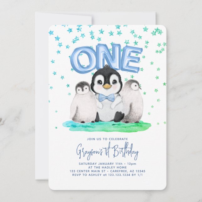 Invitation Garçons pingouins mignons 1er anniversaire (Devant)