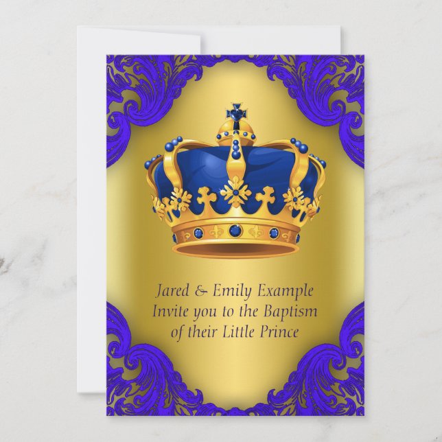 Invitation Garçons Prince Baptême Bleu Royal et Or (Devant)