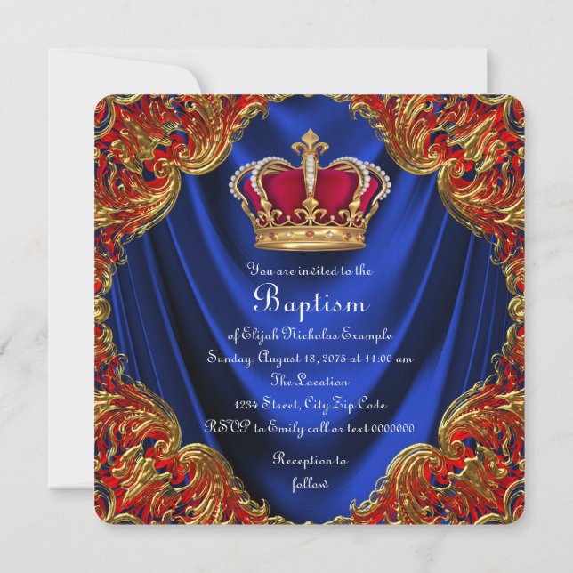Invitation Garçons Prince héritier Baptême Royal Bleu Satin (Dos)