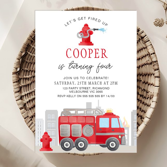 Invitation Garçons rouges Faisons feu sur le moteur Anniversa (Lets Get Fired Up Fire-engine Birthday Invitation Template, Firefighter Birthday Invitation Hydrant)
