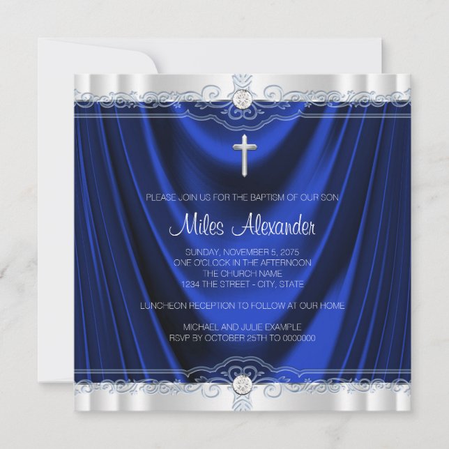 Invitation Garçons Royal Blue Baptême Christening (Devant)
