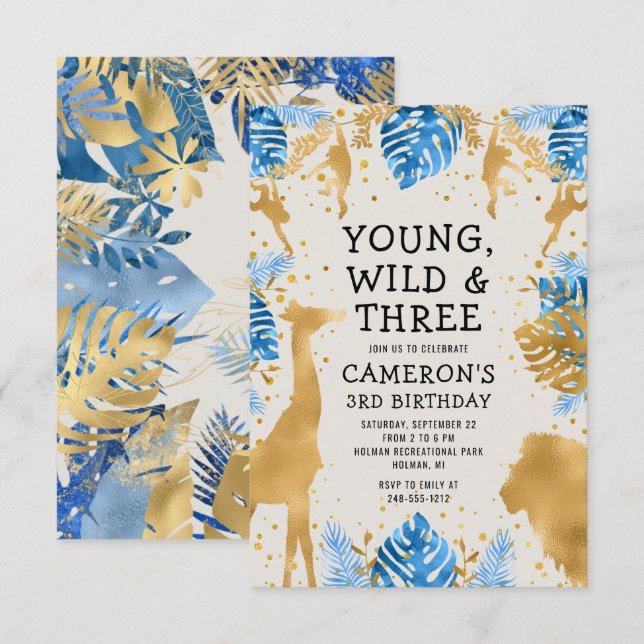 Invitation Garçons Safari 3e Anniversaire Bleu Or Crème (Devant / Derrière)