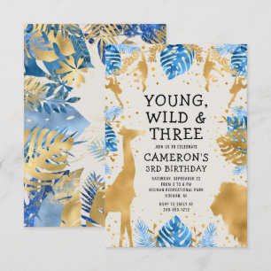 Invitation Garçons Safari 3e anniversaire fête Blue Gold Ecru