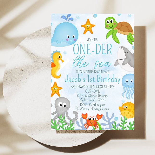 Invitation Garçons sous la mer Un de la mer Premier anniversa (Boys Oneder the Sea 1st Birthday Invitation, Cute Boys First Birthday Ocean Sea Creatures Invite)