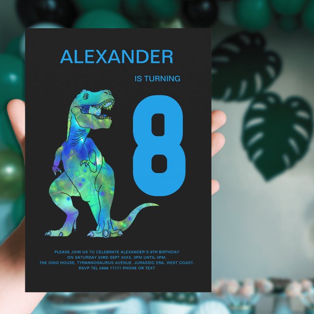 Invitation Garçons T-Rex Dinosaure 8ème Anniversaire Fête Ble (T-Rex dino boys 8th birthday party invitation with colorful watercolor dinosaur blue typography )