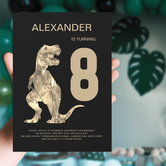 Invitation Garçons T-Rex Dinosaure Fête d'anniversaire 8 ans (Dinosaur T-Rex boys 8th birthday party invitation bold simple black and brown design)