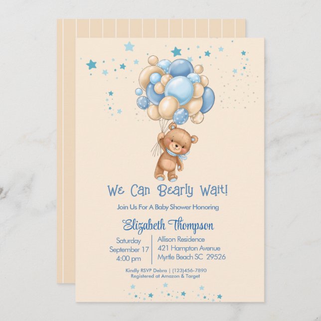 Invitation Garçons Teddy Bear Balloons Bearly Wait Baby showe (Devant / Derrière)