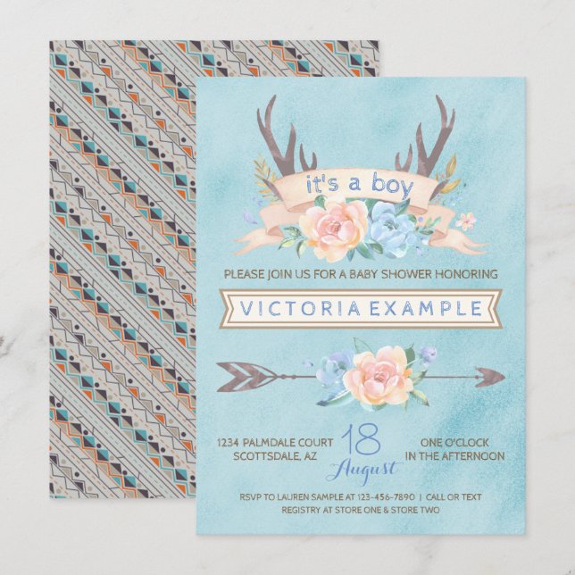 Invitation Garçons Tribal Antler Floral Baby Shower Invitatio (Devant / Derrière)