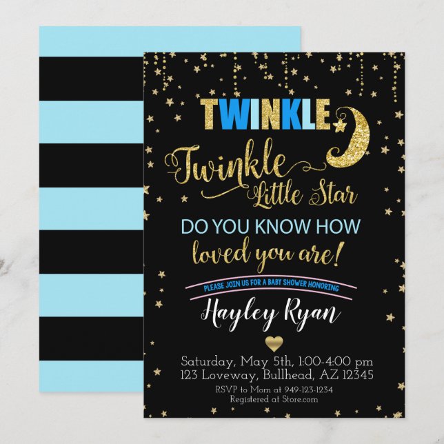 Invitation Garçons Twinkle Twinkle Little Star Baby shower bl (Devant / Derrière)