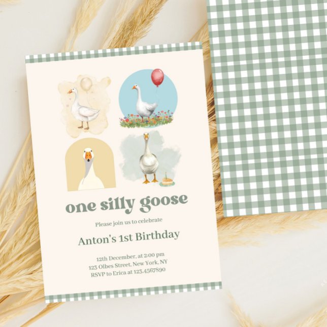 Invitation Garçons Un Silly Goose Blue Premier Anniversaire E (one silly goose, 1st birthday, farm, boys first birthday boy, blue gingham, whimsical, sage green, b)