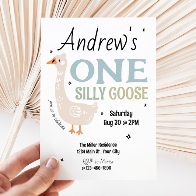 Invitation Garçons une oie sotte été enfants premier annivers (Boy's Silly Goose Birthday Invite)