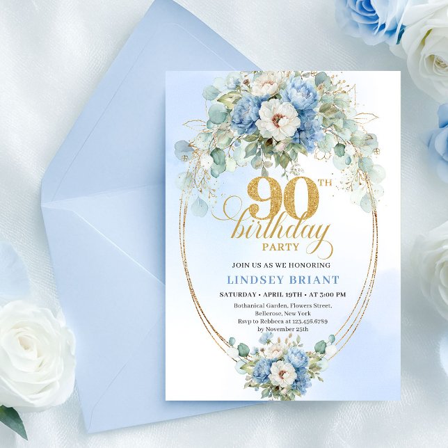 Invitation Garden Boho Blue Floral 90th Birthday Invite (Garden Boho Blue Floral 90th Birthday Invite)