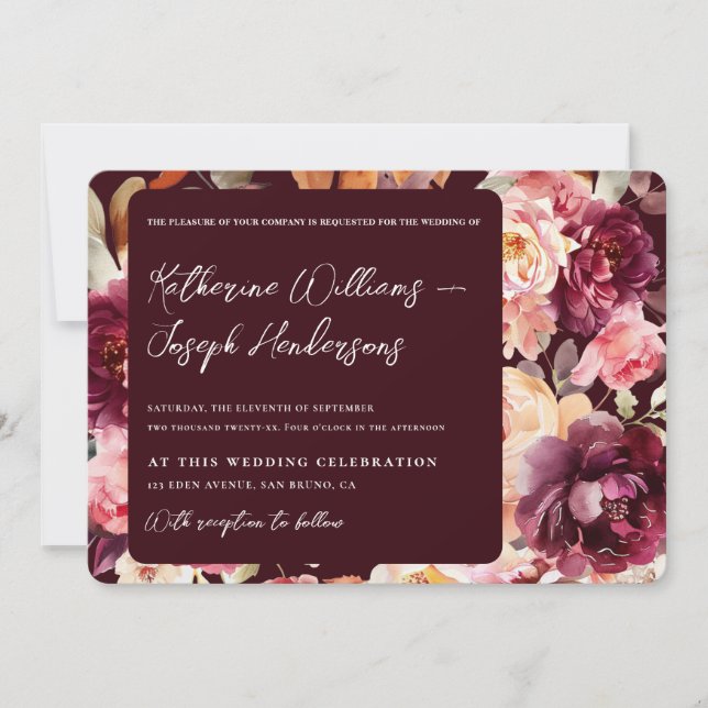 Invitation Garden Floral Bourgogne Script calligraphie Mariag (Devant)