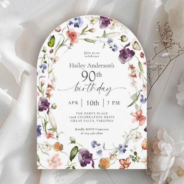 Invitation Garden Flowers Botanical Script 90th Birthday (Créateur téléchargé)
