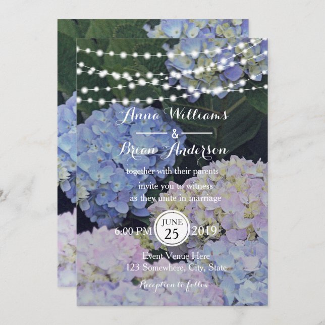 Invitation Garden Hydrangeas Chaîne de lumières Mariage Invit (Devant / Derrière)