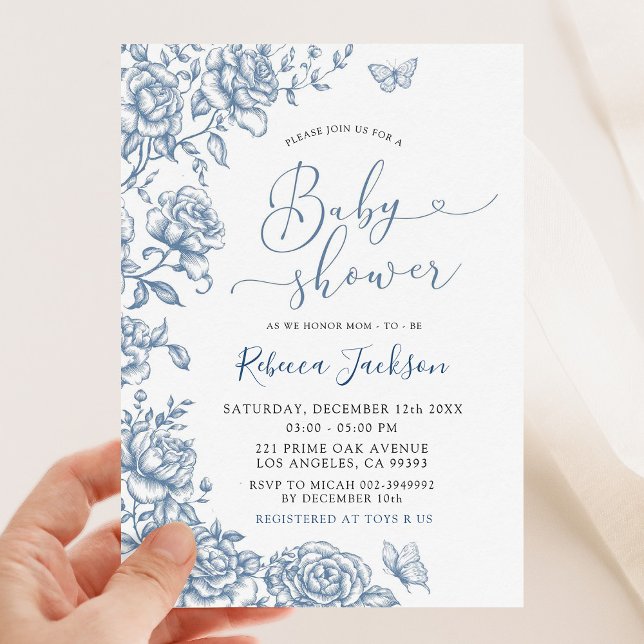 Invitation Garden Party Dusty Blue Chinoiserie Baby shower (Créateur téléchargé)