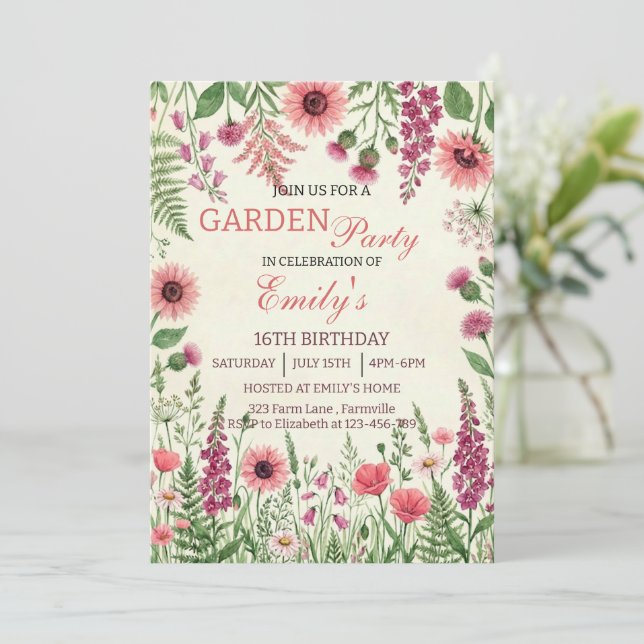 Invitation Garden Party Watercolor Wildflower Floral Birthday (Debout devant)