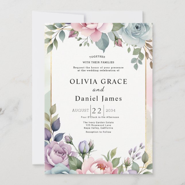 Invitation Garden Romantic Pastel Watercolor Floral Wedding (Devant)