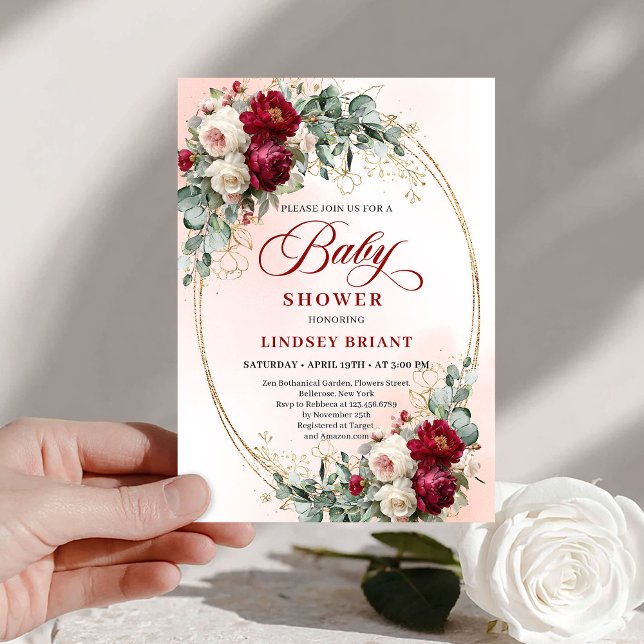 Invitation Garden Rustic Burgundy Peonies Baby Shower Invite (Garden Rustic Burgundy Peonies Baby Shower Invite)