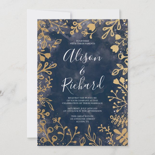 Invitation Garden Starry Night Gold et Mariage de marine Invi (Devant)