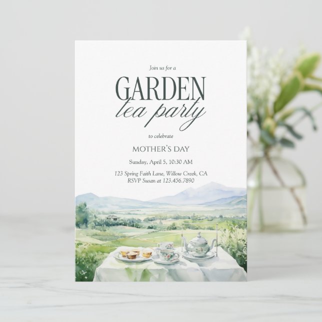 Invitation Garden Tea Party Watercolor Elegant Mother’s Day (Debout devant)