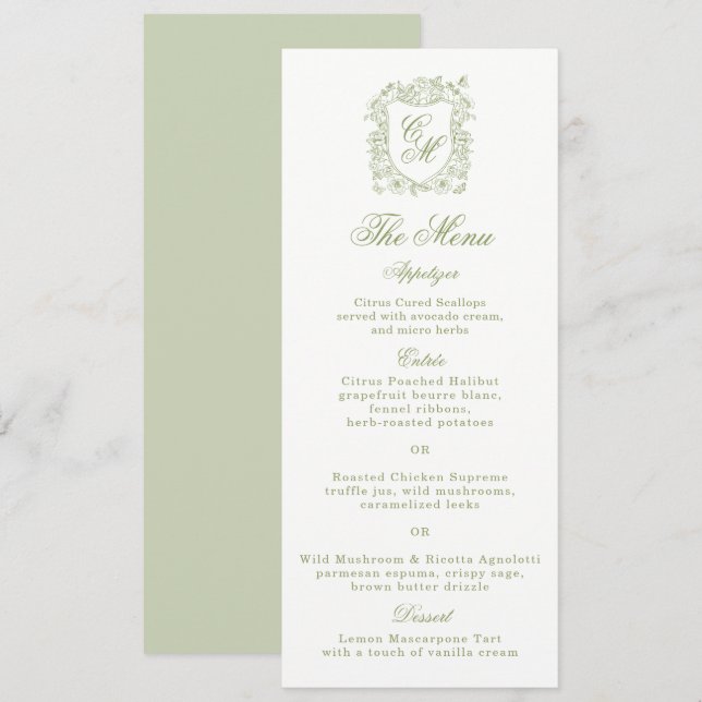 Invitation Garden Wedding Sage Green Monogram Crest Menu Card (Devant / Derrière)
