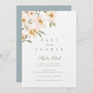 Invitation Gardenia Aquarelle Floral Dusty Baby shower bleu
