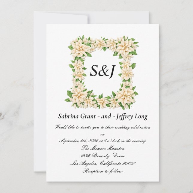 Invitation Gardenia Floral Monogramme Mariage (Devant)