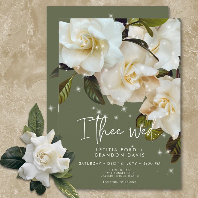 Invitation Gardenias blanches modernes sur Sage Sparkle Maria (Modern White Gardenias on Sage Sparkle Wedding Invitation)