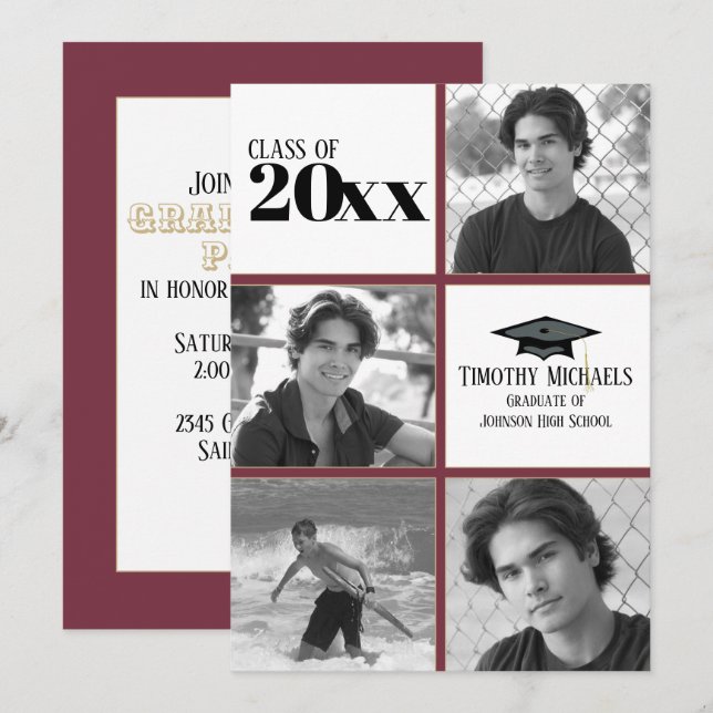 Invitation Garnet & Gold Grad, Carte Matte 7" x 5" (Devant / Derrière)