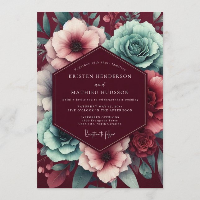 Invitation Garnet Teal Moody Bloom Wedding (Devant)