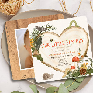 Invitation Gars Fungi Tranches de Bois Garçon Photo 1er Anniv