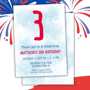 Invitation Garys Aquarelle Enfants Bleu 3e anniversaire