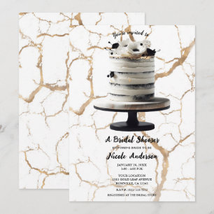 Invitation Gâteau à étages floral or et noir et blanc pour Ba