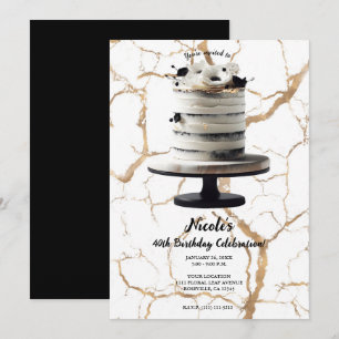 Invitation Gâteau à étages floral or noir et blanc Fête d'ann