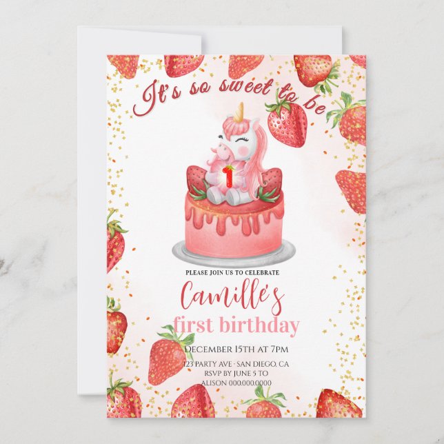Invitation Gâteau à la fraise Cute Unicorn anniversaire (Devant)