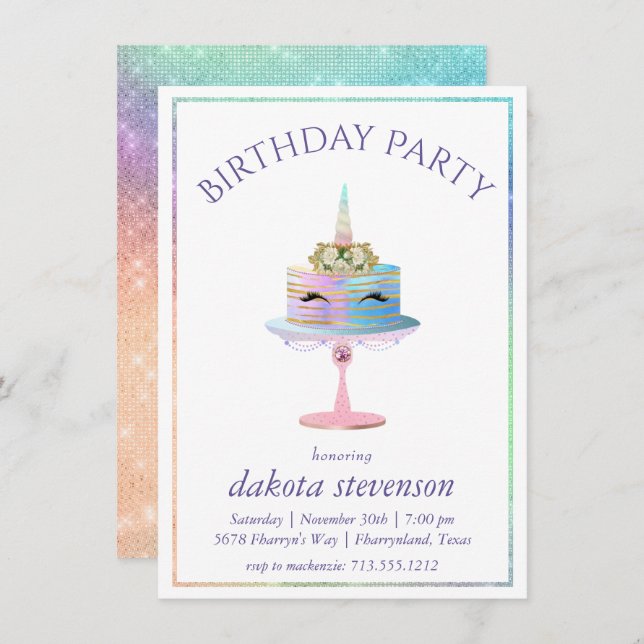 Invitation Gâteau à licorne magique | Aquarelle Imaginaire An (Devant / Derrière)