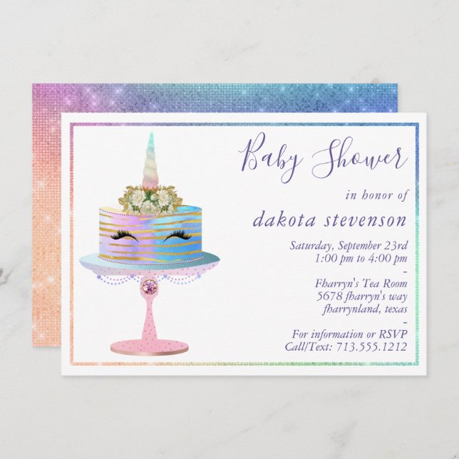 Invitation Gâteau à licorne magique | Douche aquarelle Imagin (Devant / Derrière)
