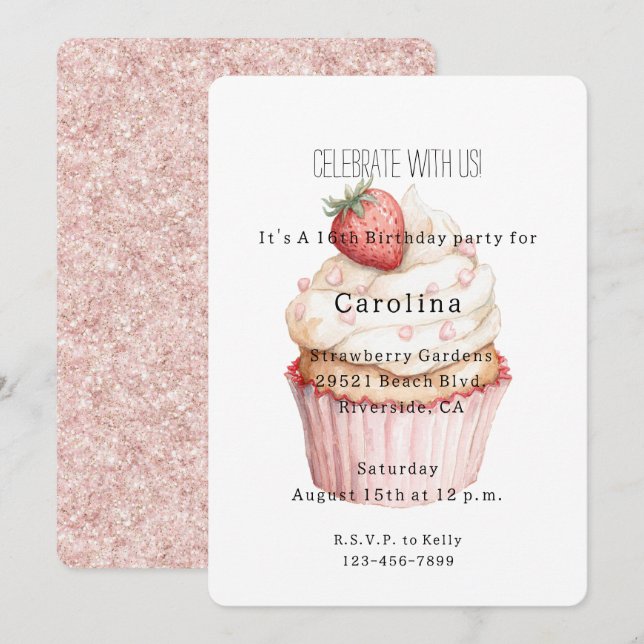 Invitation Gâteau anniversaire pailleté Cupcake cœurs roses f (Devant / Derrière)